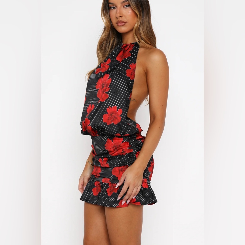 White Fox Floral Halter Neck Dress - Black and Red